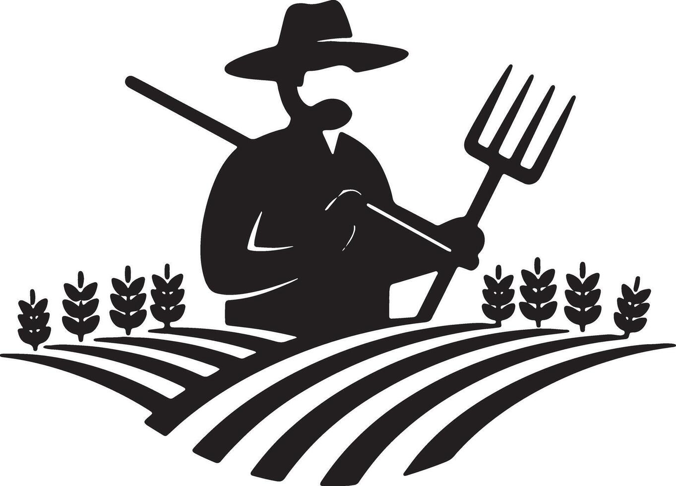 Silhouetted Farmer Working His Rolling Fields, Pitchfork in Hand, Peaceful Rural Scene, Black and White Illustration vector