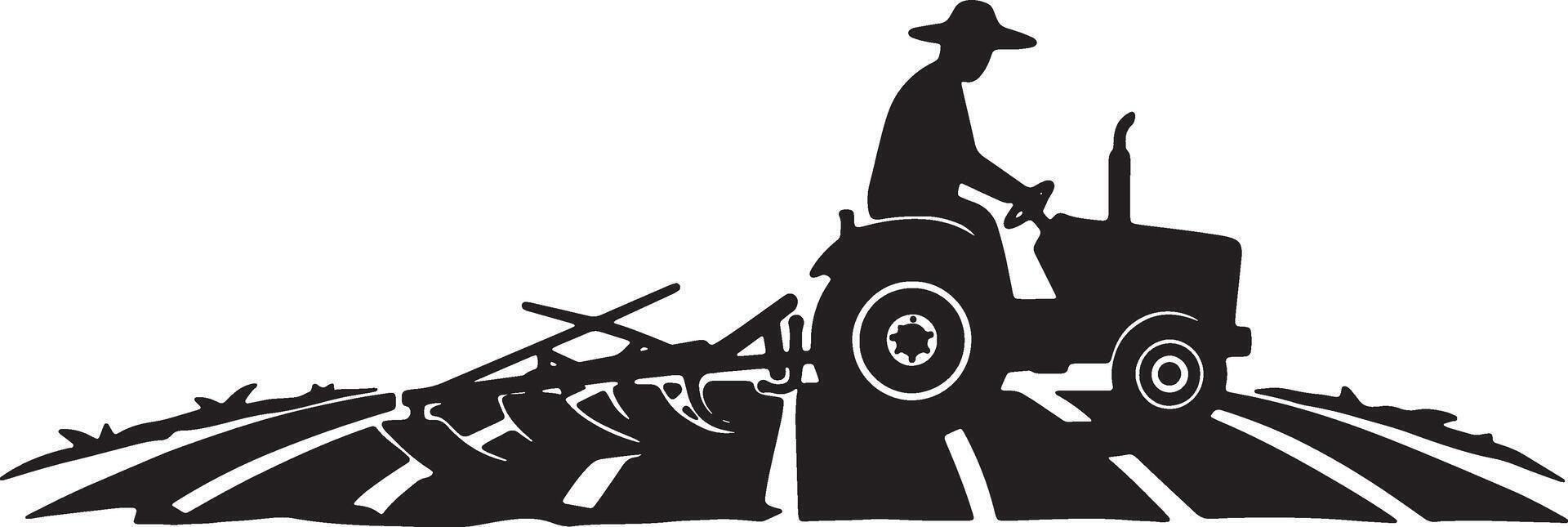 Serene Black and White Silhouette of a Farmer Plowing a Field with his Tractor at Sunset vector