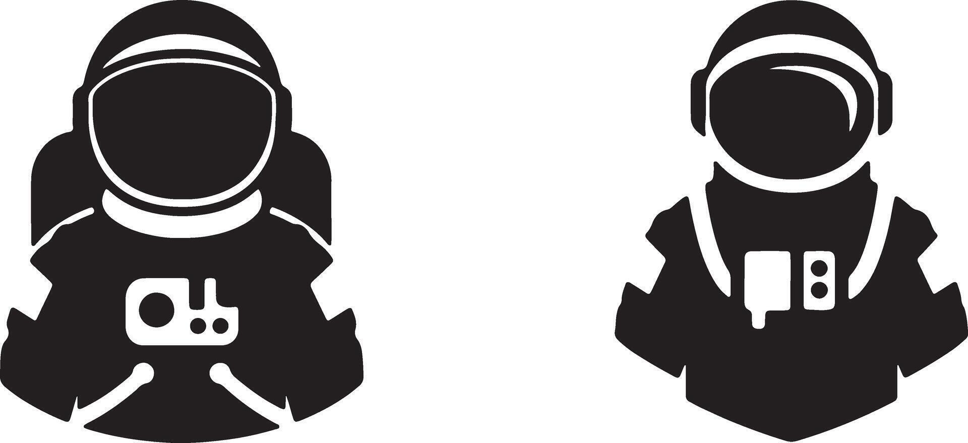 Two Silhouettes of Astronauts in Space Suits, a Mysterious and Bold Black and White Illustration vector