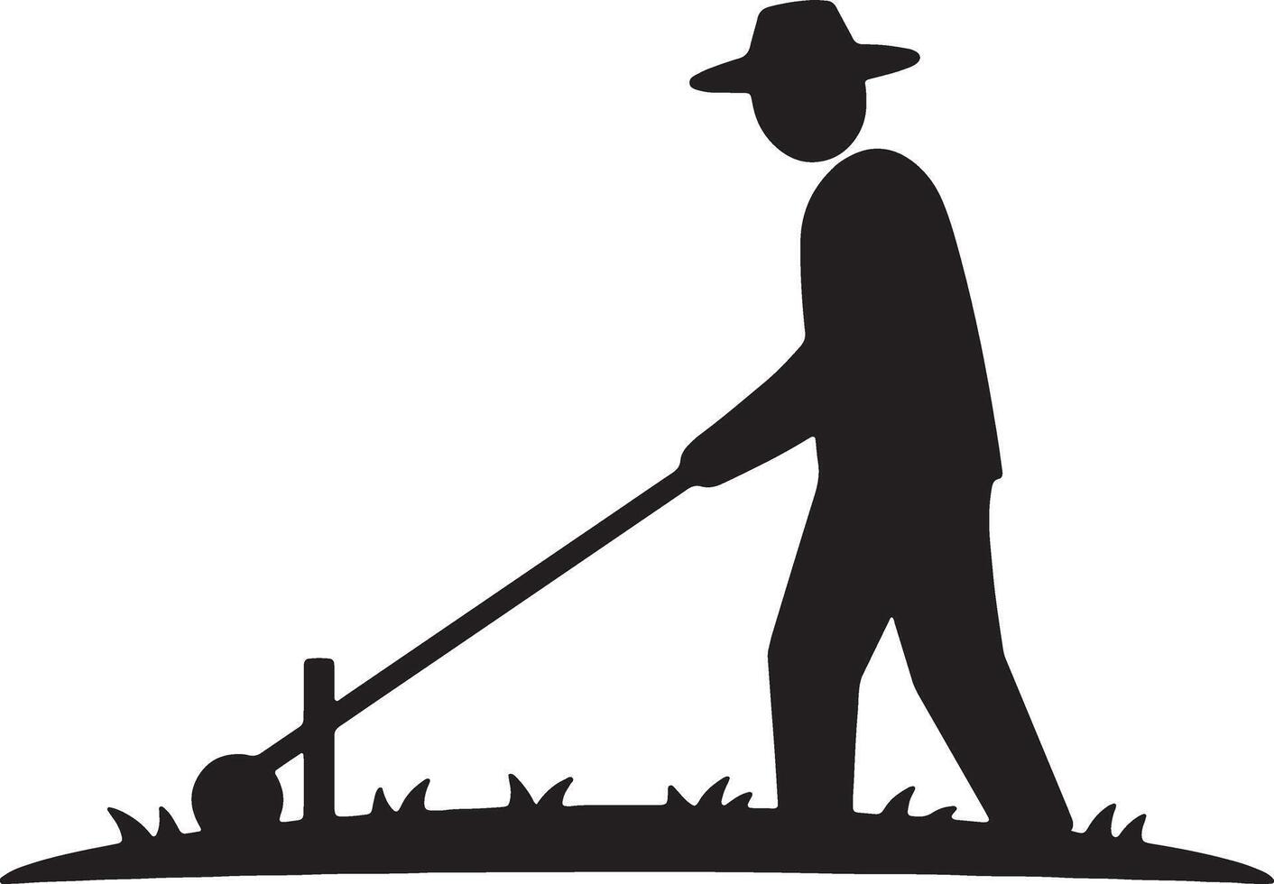Silhouetted Farmer Calmly Operating a Manual Lawn Edger in a Serene Grassy Field - Professional digital artwork with vibrant colors and detailed composition vector