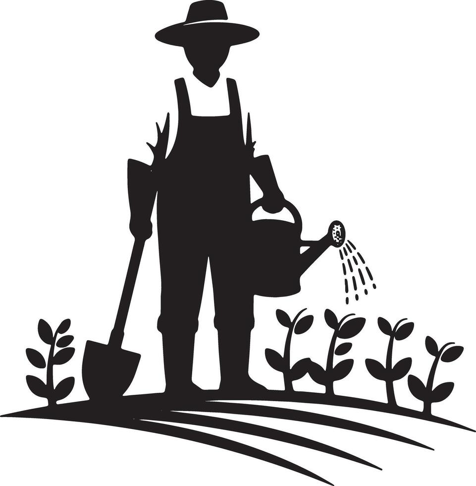 Serene Farmer Cultivating Lush Garden Black and White Illustration of Peaceful Gardening - Professional digital artwork with vibrant colors and detailed composition vector