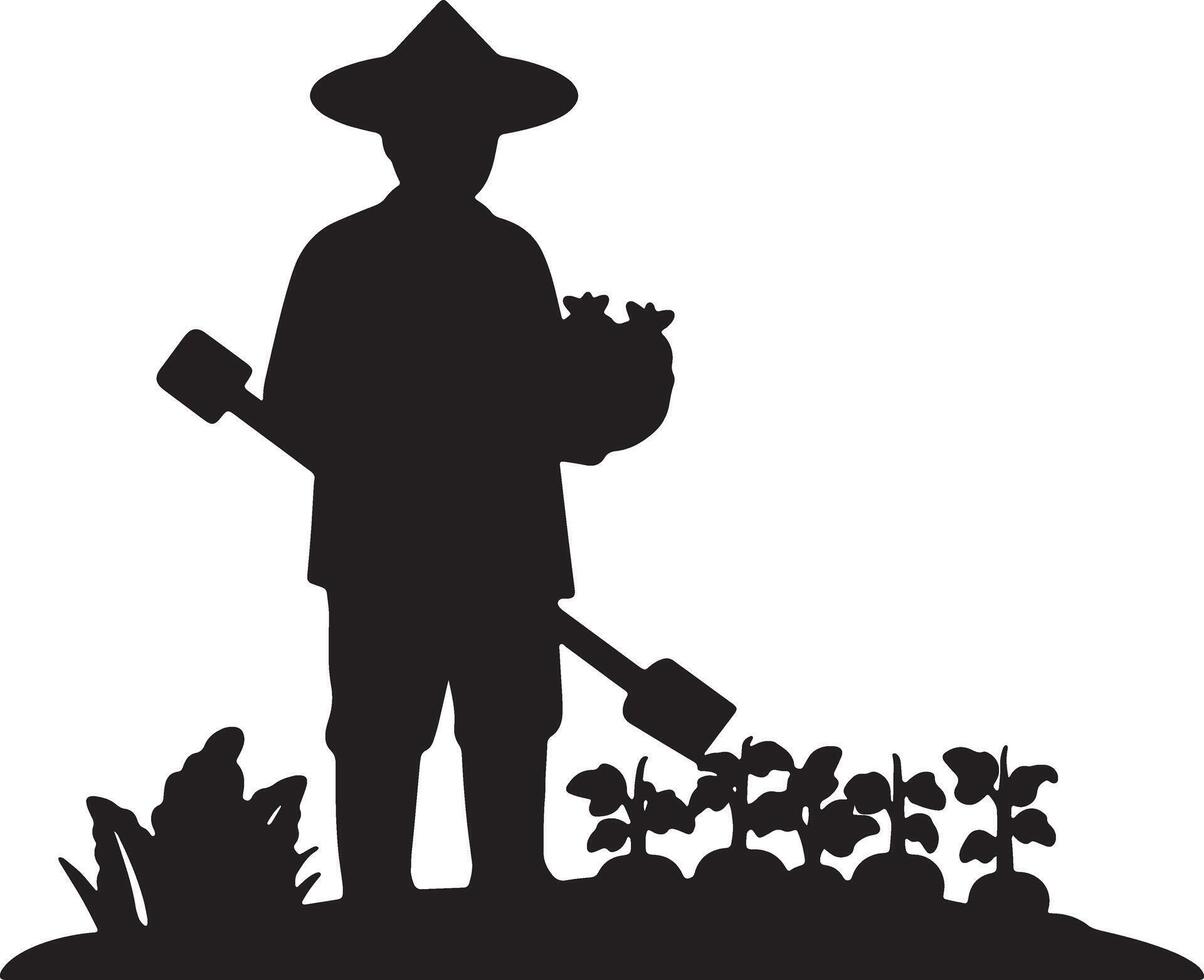 Serene Silhouette of a Farmer Tending to his Crops in a Peaceful Garden Setting at Sunset vector