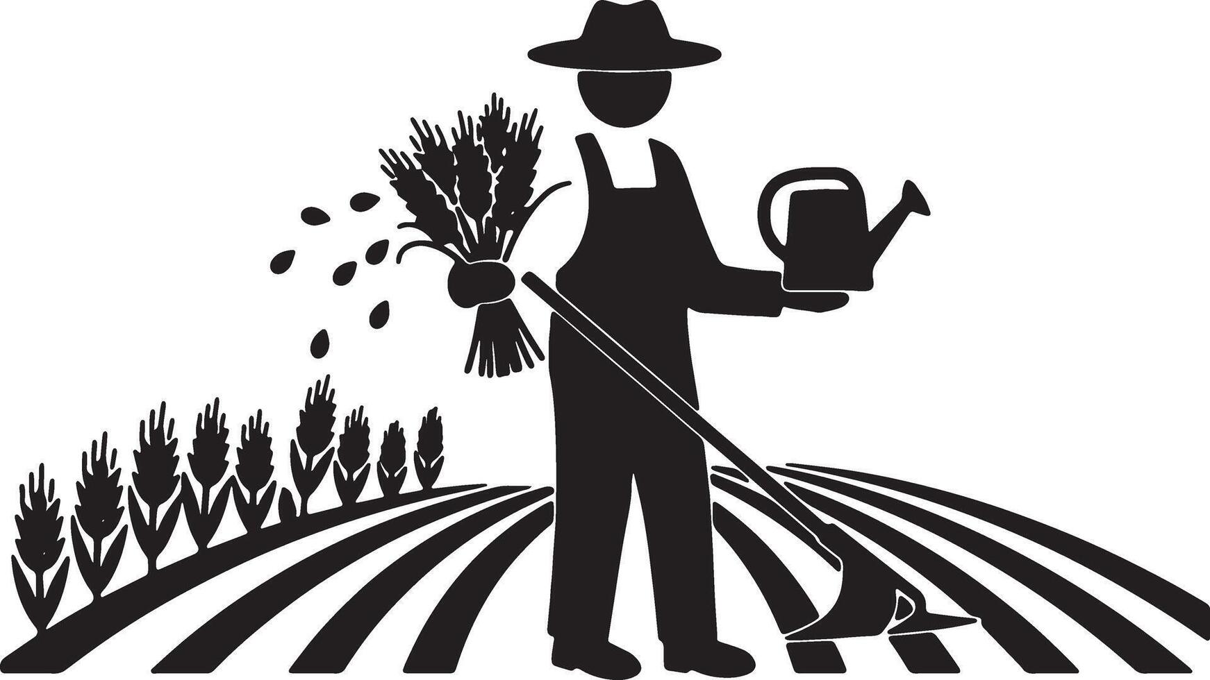 Serene Farmer Cultivating Wheat Field Peaceful Black and White Illustration of Agricultural Labor - Professional digital artwork with vibrant colors and detailed composition vector