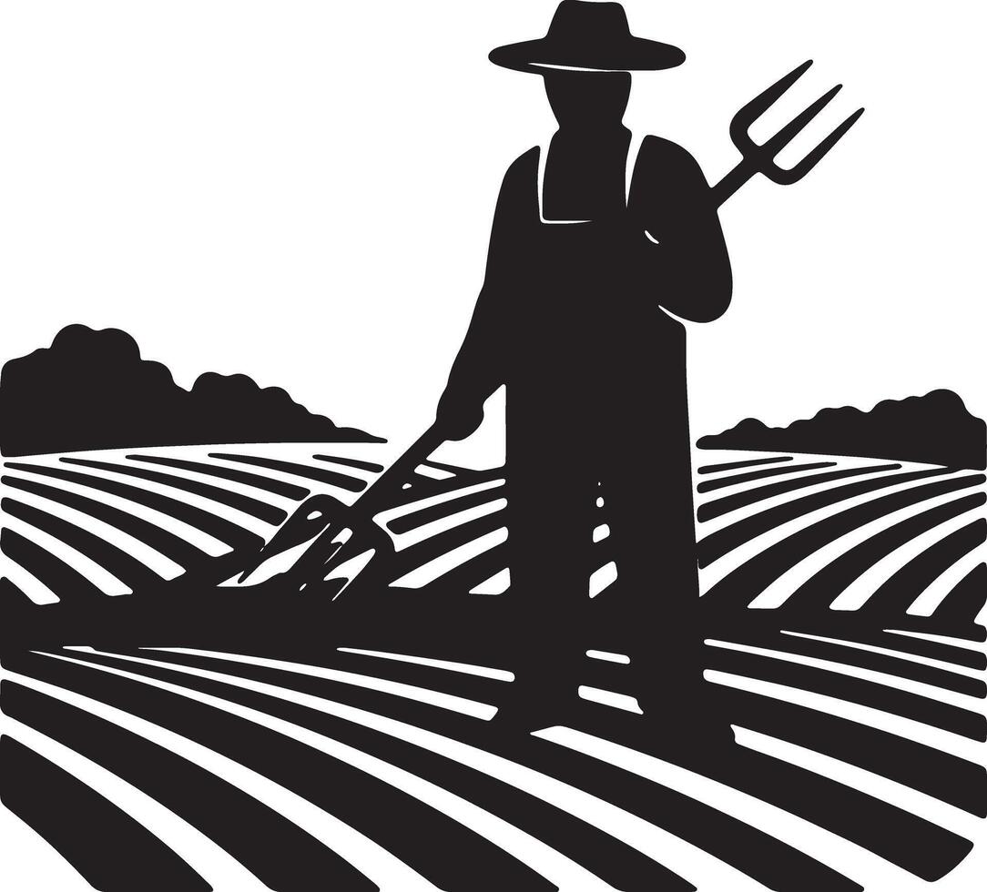 Silhouetted Farmer Cultivating Serene Rows of Crops in a Peaceful Rural Landscape - Professional digital artwork with vibrant colors and detailed composition vector