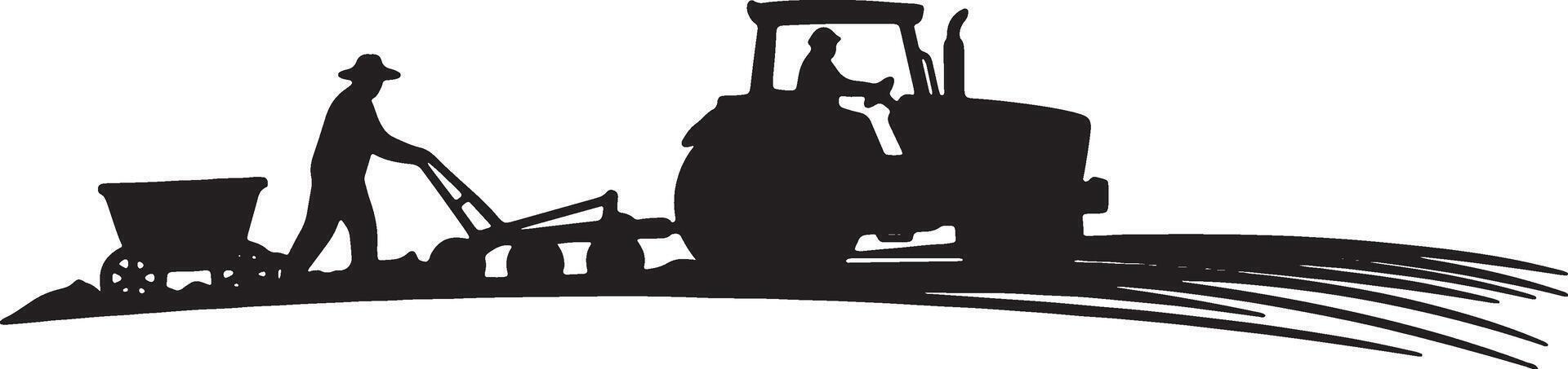 Serene Black Silhouette of Farmers Working the Land with Tractor and Plow in Rustic Countryside vector