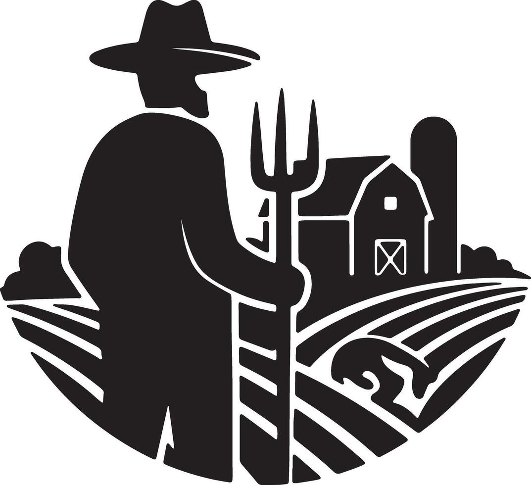 Serene Silhouette of a Farmer with Pitchfork in Rustic Farmland Setting at Sunset - Professional digital artwork with vibrant colors and detailed composition vector