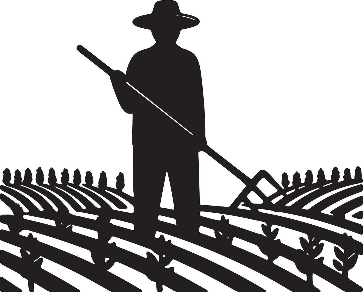 Serene Silhouette of a Farmer Cultivating Rows of Crops in a Peaceful Field at Sunset vector