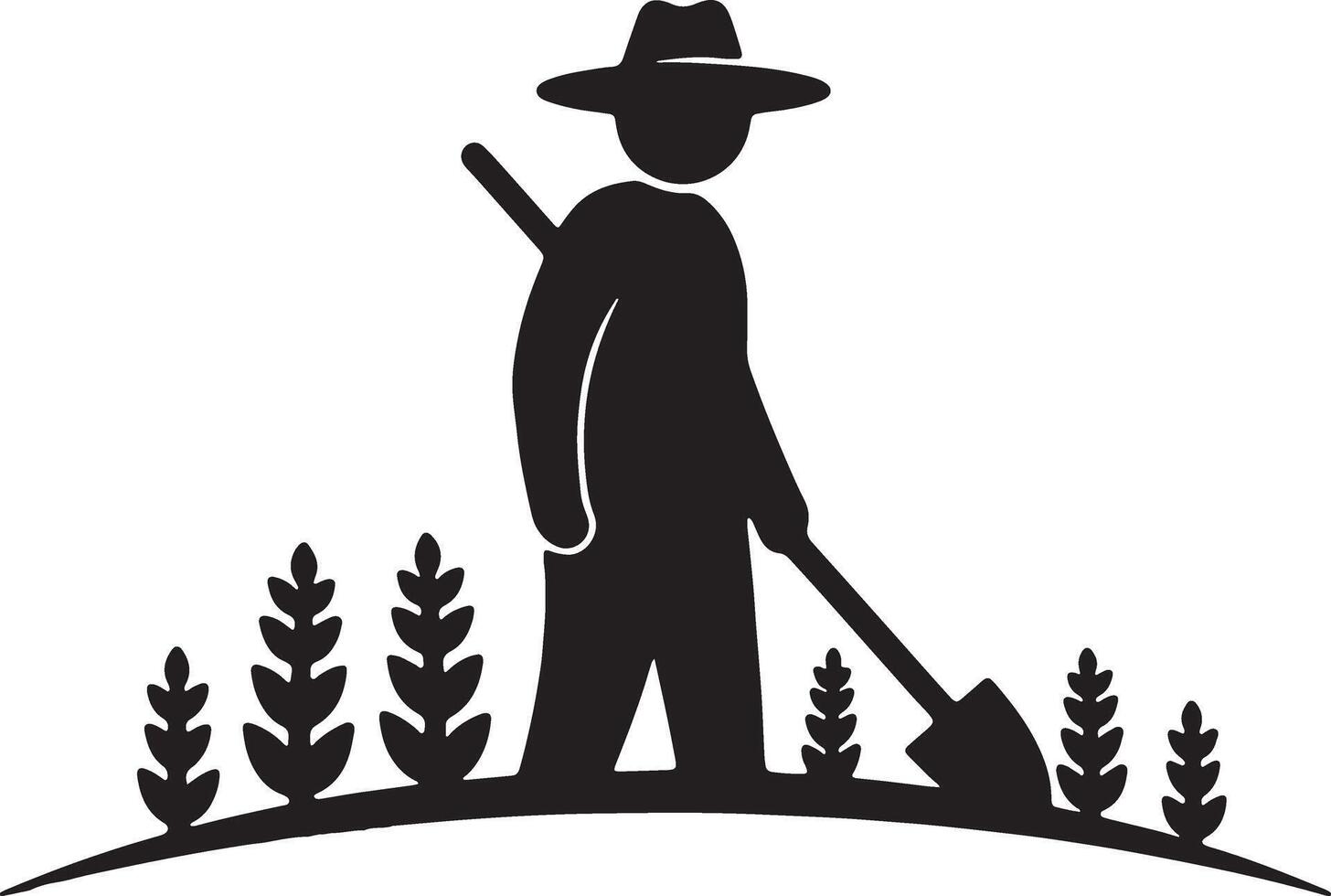 Serene Farmer Working in Field, Silhouette of Man with Shovel, Peaceful Countryside Farming Scene, Black and White Illustration vector