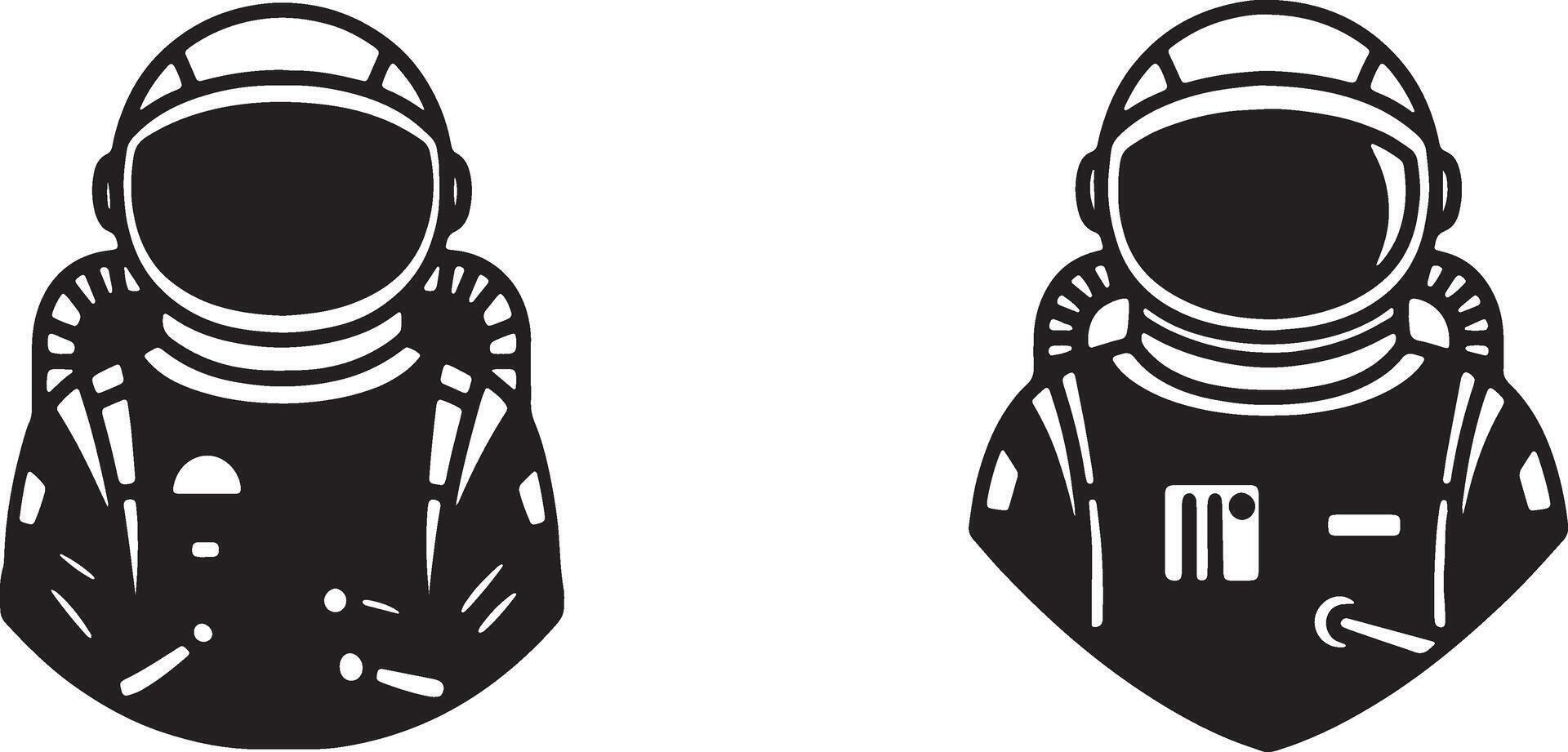 Two Stylish Monochrome Astronaut Illustrations Retro Space Explorers in a Bold, Dark Aesthetic - Professional digital artwork with vibrant colors and detailed composition vector
