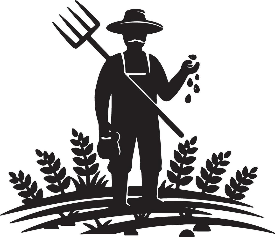 Silhouetted Farmer Sowing Seeds in a Rustic Field, Peaceful Agricultural Scene - Professional digital artwork with vibrant colors and detailed composition vector