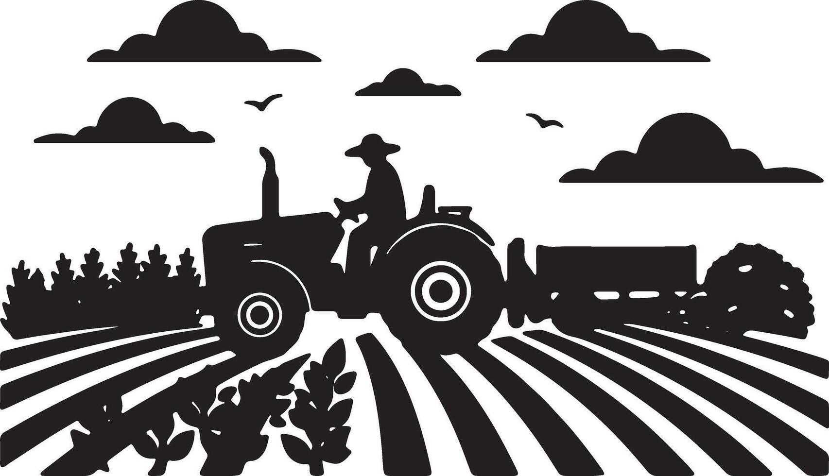 Serene Black and White Illustration of a Farmer Plowing a Field on a Sunny Day vector