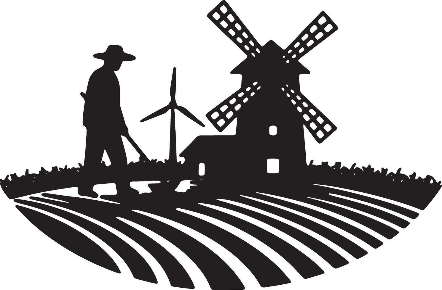Serene Black and White Illustration of a Farmer Tending Fields with Windmill and Wind Turbine in the Background vector