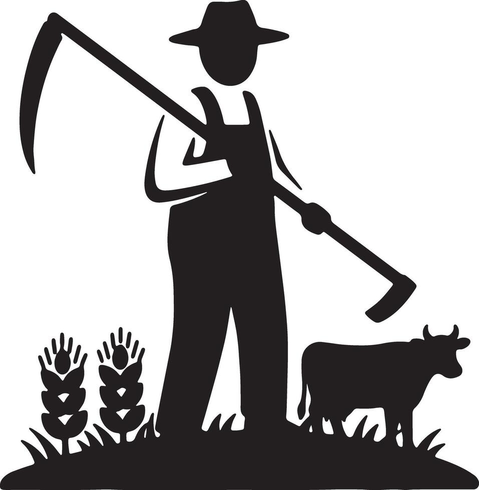 Serene Silhouette of a Farmer with Sickle in Rustic Field, Peaceful Countryside Mood - Professional digital artwork with vibrant colors and detailed composition vector