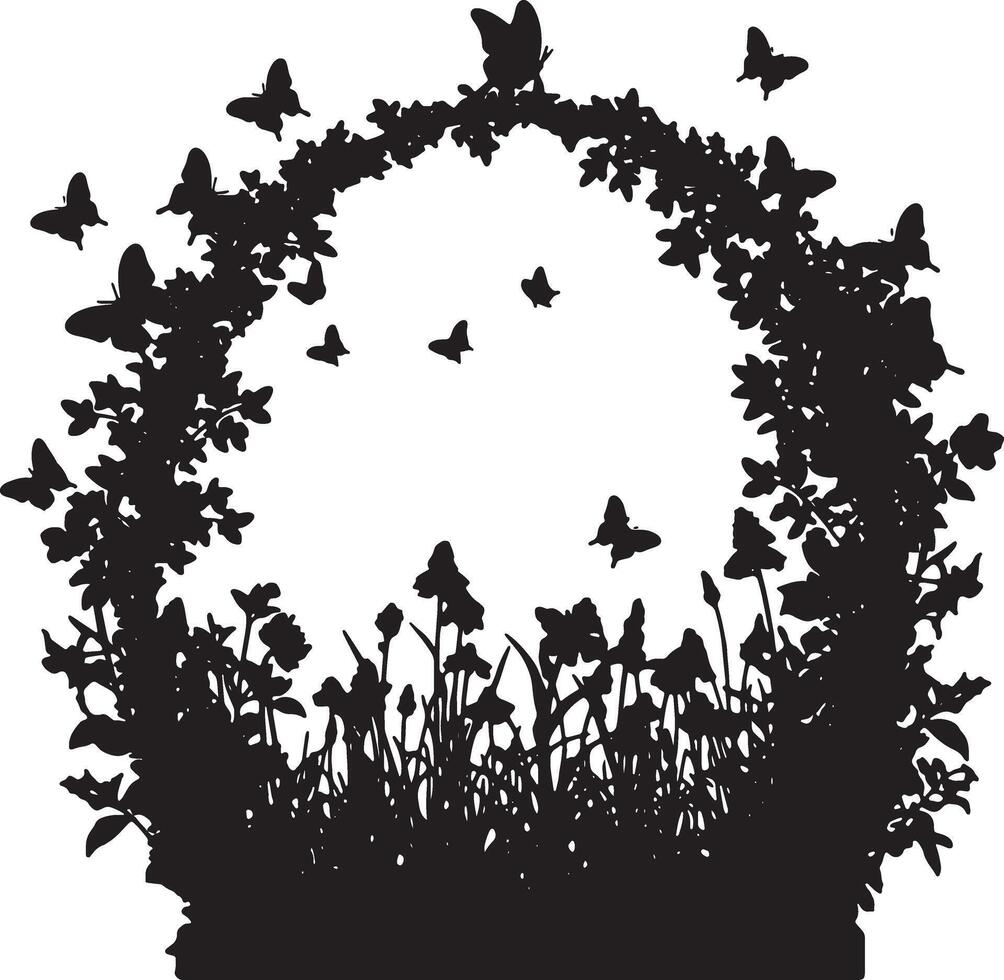 Serene Black and White Silhouette of Butterflies Dancing Around a Floral Wreath in a Peaceful Garden Setting vector