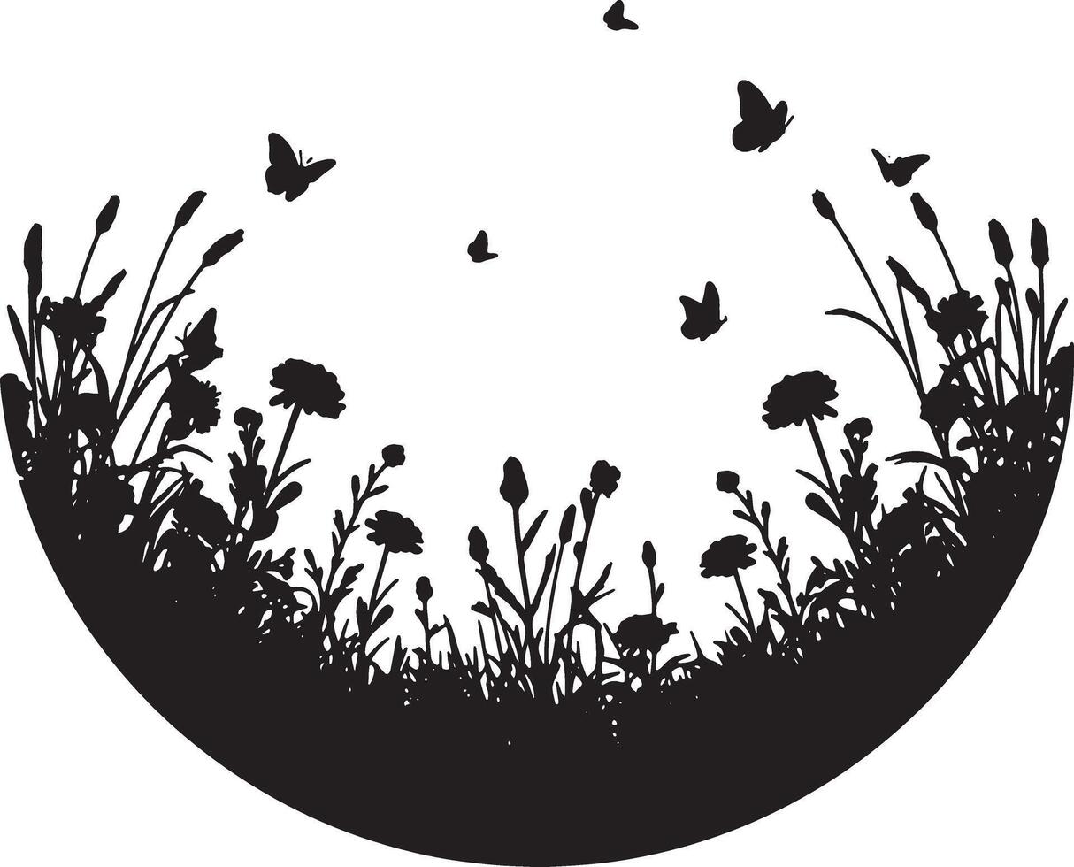 Serene Silhouette of Wildflowers and Butterflies in a Peaceful Meadow, Summertime Design - Professional digital artwork with vibrant colors and detailed composition vector
