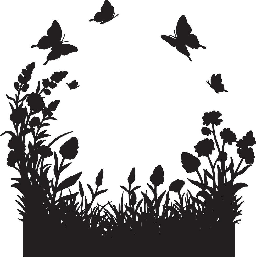 Serene Black Silhouette of Butterflies Dancing Above a Lush Summer Meadow Grassland Border - Professional digital artwork with vibrant colors and detailed composition vector