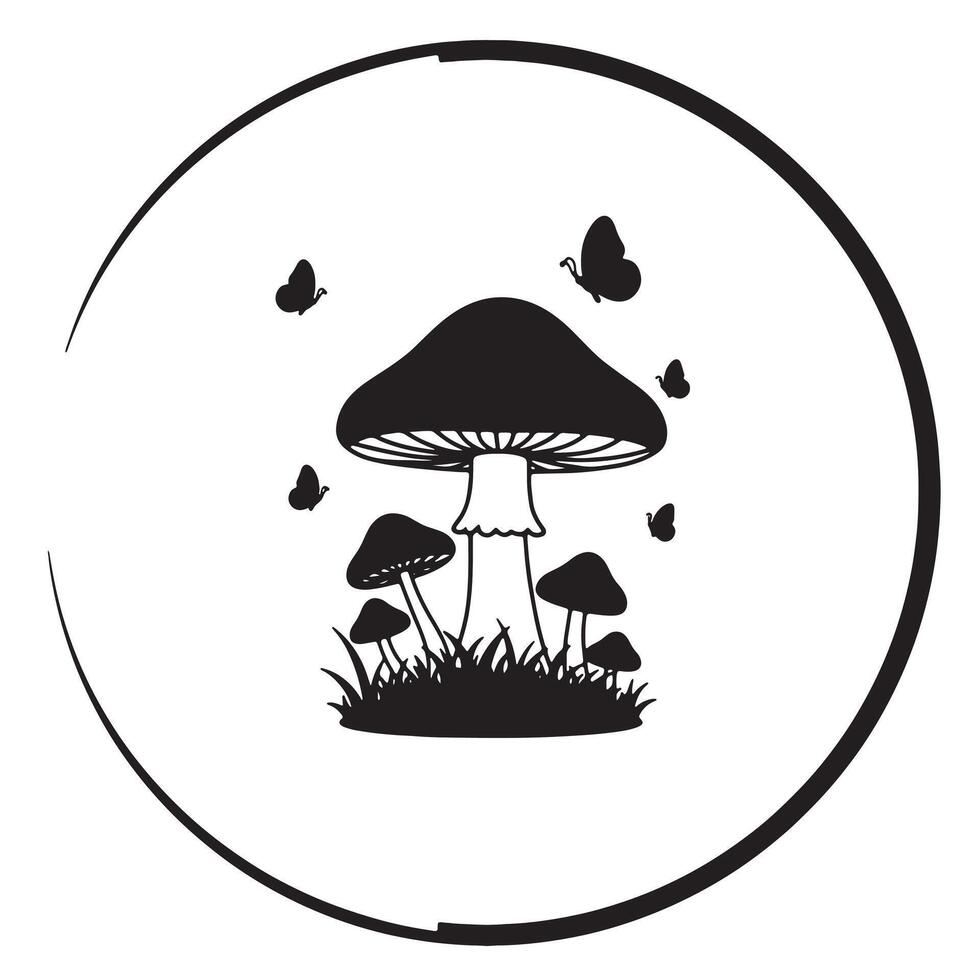 Serene Black and White Illustration of Mushrooms and Butterflies in a Magical Forest Setting - Professional digital artwork with vibrant colors and detailed composition vector