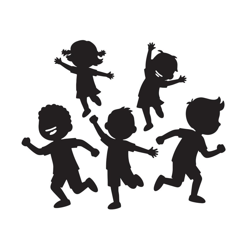 Joyful Kids Playing Silhouettes Energetic Children Jumping and Running in Playful Mood - Professional digital artwork with vibrant colors and detailed composition vector