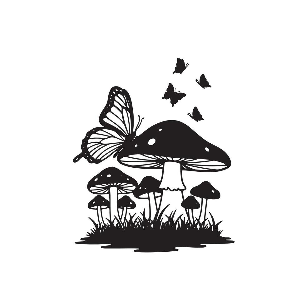 Enchanting Black and White Illustration of a Butterfly on Mushrooms in a Mystical Forest Setting vector