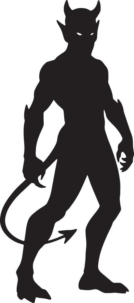 Mysterious Silhouette of a Menacing Devil, Standing in Shadow, a Dark and Ominous Figure with a Curving Tail. vector