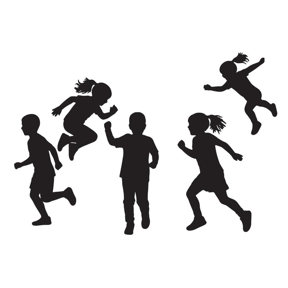 Joyful Children Silhouettes Playing Outdoors Energetic Kids Jumping, Running, and Leaping in Playful Action - Professional digital artwork with vibrant colors and detailed composition vector