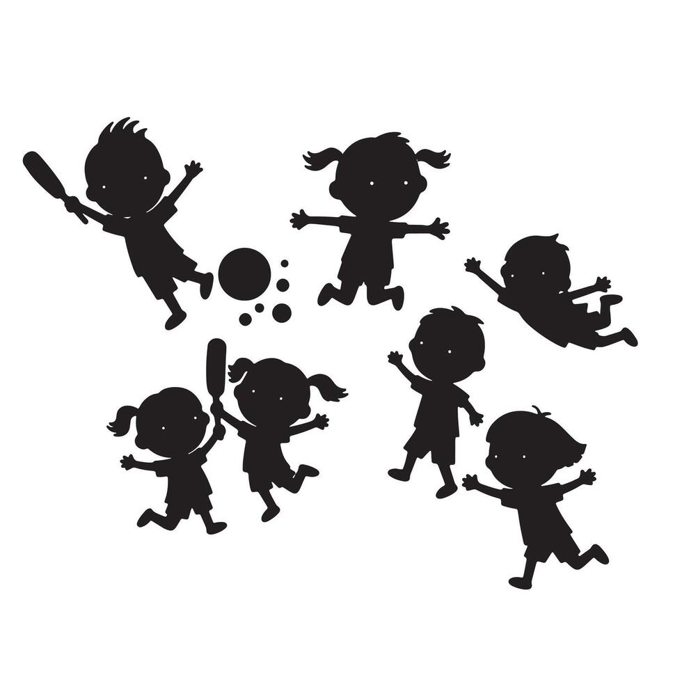 Joyful Kids Playing Silhouettes Energetic Childrens Games in a White Background Setting - Professional digital artwork with vibrant colors and detailed composition vector
