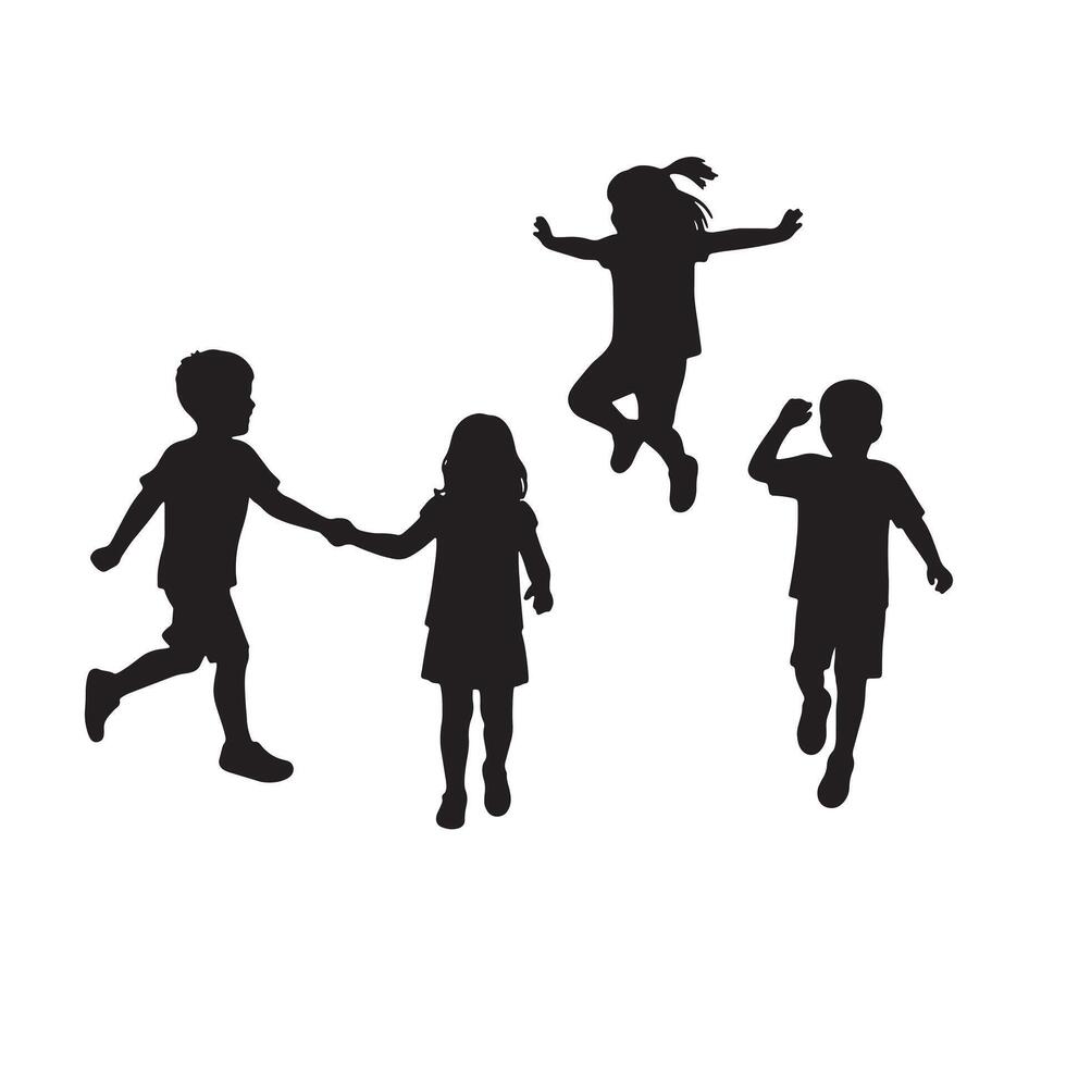 Joyful Children Playing Outdoors Silhouette of Kids Jumping, Running, and Holding Hands in a Playful Mood vector