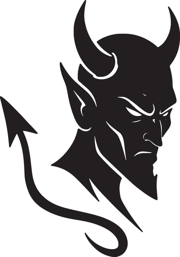 Intense Black and White Devil Head Silhouette with Curving Tail, Dark and Mysterious Illustration, Evil Spirit Graphic Design vector