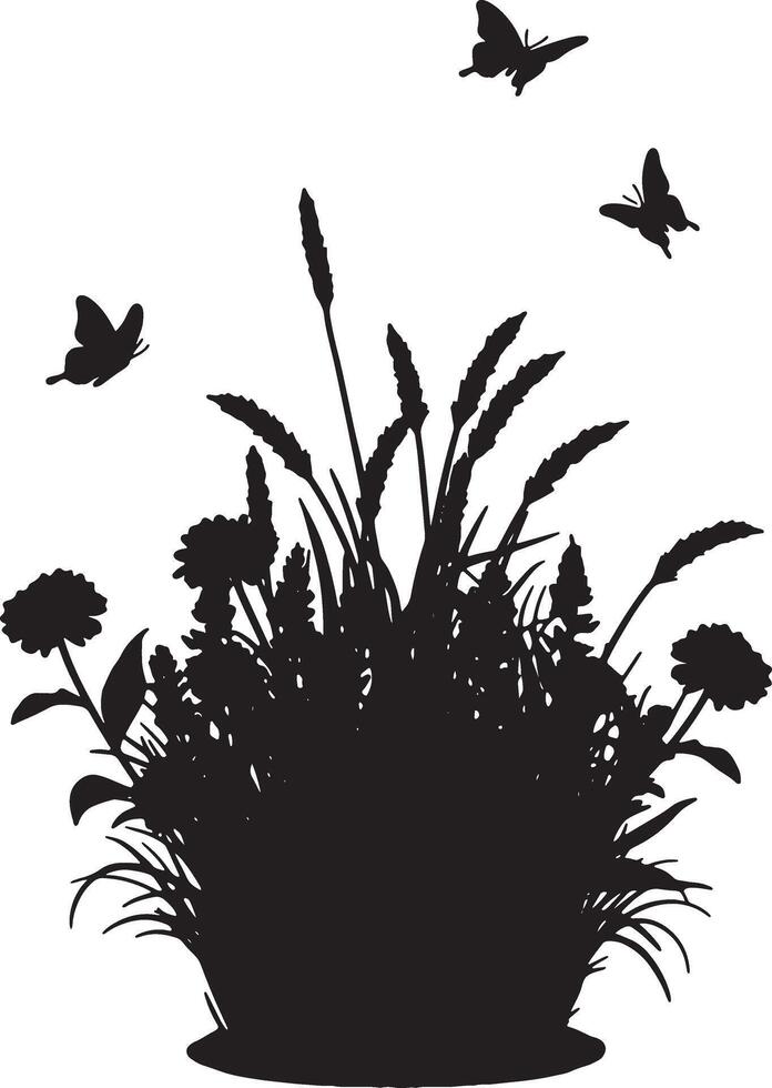 Serene Black Silhouette of Wildflowers and Butterflies in a Peaceful Meadow, Elegant Nature Illustration - Professional digital artwork with vibrant colors and detailed composition vector