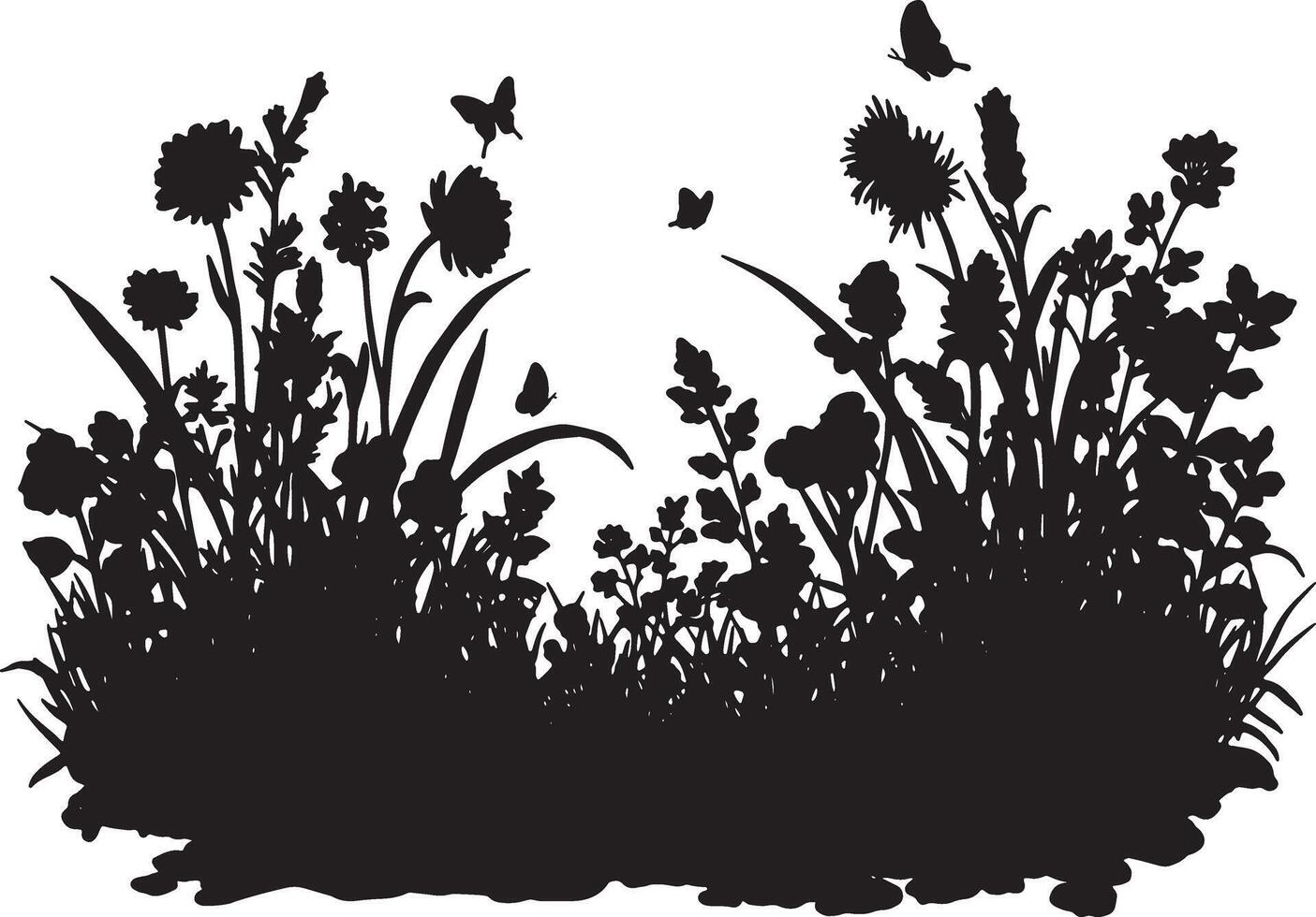 Serene Black Silhouette of Wildflowers and Butterflies in a Lush Meadow, Peaceful Nature Scene - Professional digital artwork with vibrant colors and detailed composition vector