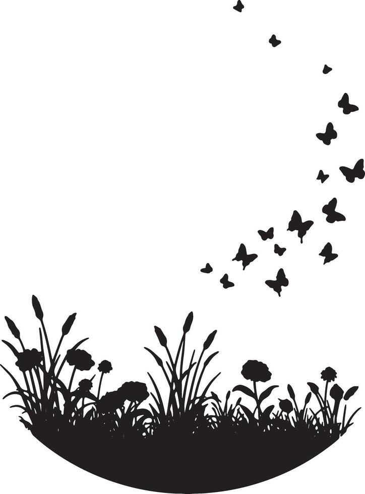 Serene Black Silhouette of Grassland with Butterflies Flying in a Peaceful Meadow - Professional digital artwork with vibrant colors and detailed composition vector
