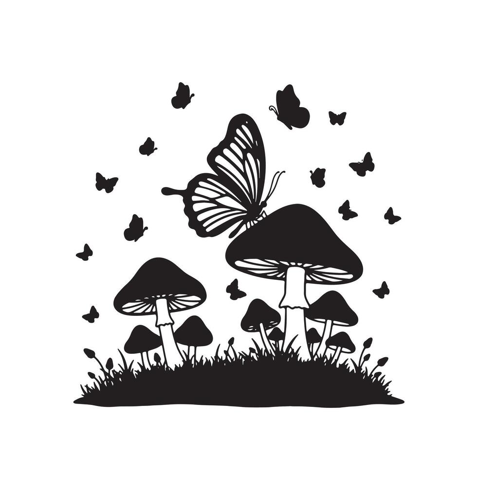 Enchanting Black and White Illustration of a Butterfly Hovering Over Mushrooms in a Serene Forest Meadow vector