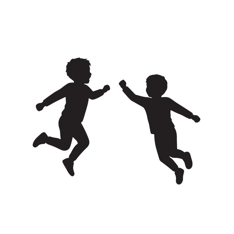 Joyful Silhouette of Two Boys Joyfully Leaping and Reaching Against a White Background, Illustrating Playful Energy and Childlike Freedom. vector