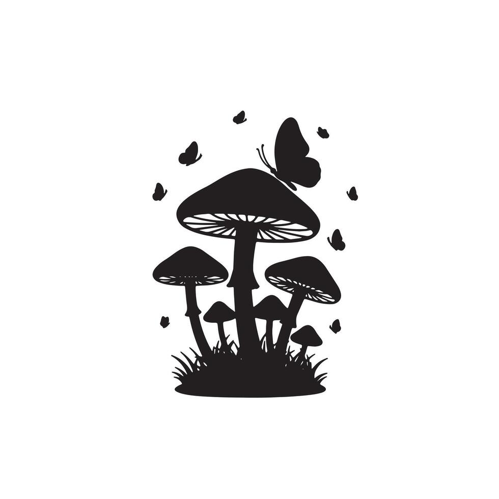 Enchanting Silhouette of Mushrooms and Butterflies in a Serene Forest Setting, Peaceful Nature Illustration - Professional digital artwork with vibrant colors and detailed composition vector