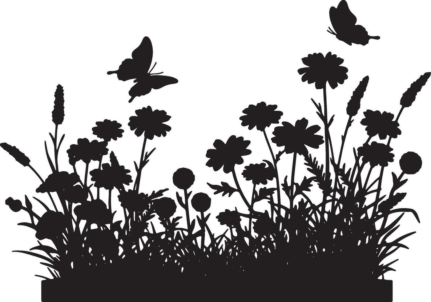 Serene Black Silhouette of Wildflowers and Butterflies in a Peaceful Meadow, Nature Art - Professional digital artwork with vibrant colors and detailed composition vector