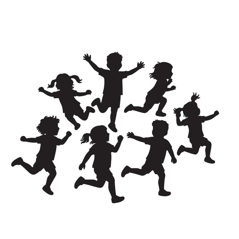 Joyful Kids Jumping and Playing in a Cheerful, Playful Silhouette Illustration - Professional digital artwork with vibrant colors and detailed composition vector