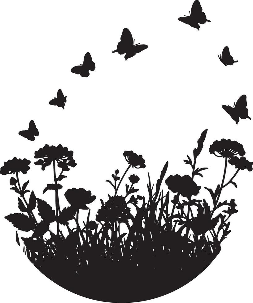 Serene Black and White Silhouette of Butterflies Dancing Over Lush Meadow Flowers in Peaceful Setting vector