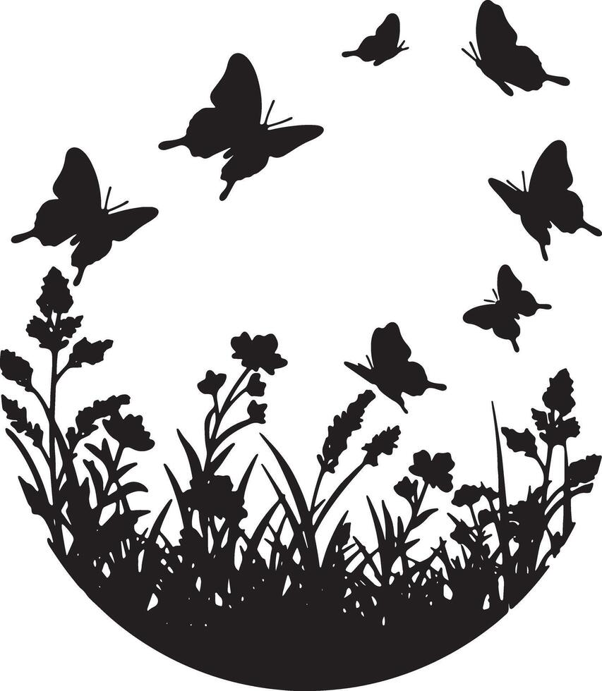 Serene Black Silhouettes of Butterflies Dancing Gracefully Above Lush Meadow Grass in a Peaceful Garden Setting vector
