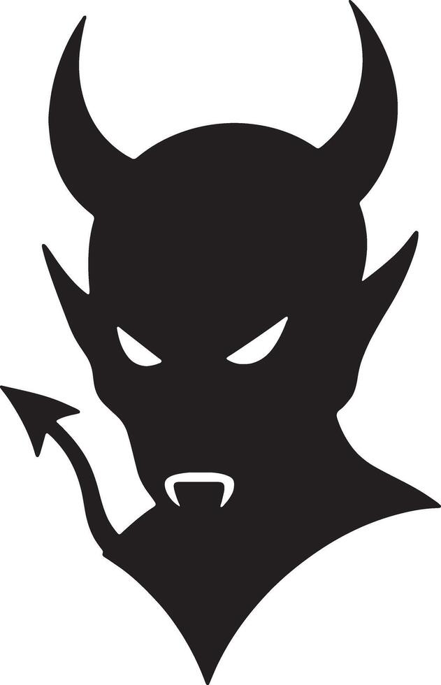 Menacing Devil Silhouette Dark, Mysterious Demon Head with Horns and Tail in Ominous Black and White Illustration vector