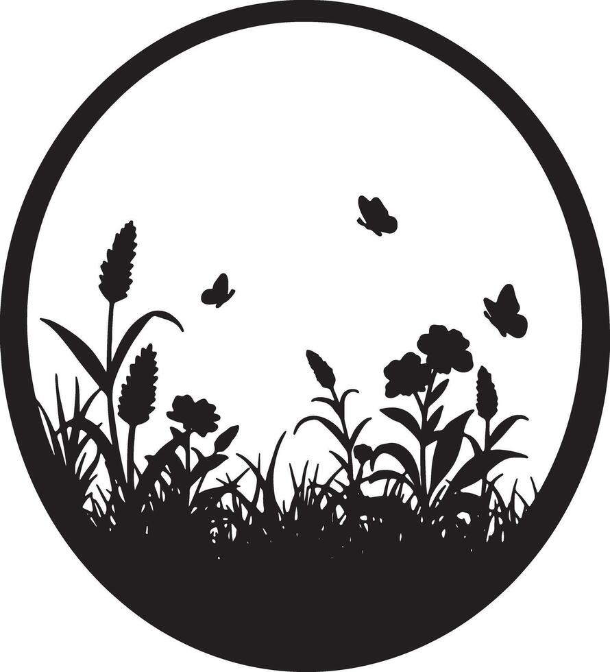 Serene Black and White Silhouette of Wildflowers and Butterflies in a Circular Frame, Peaceful Meadow Scene vector