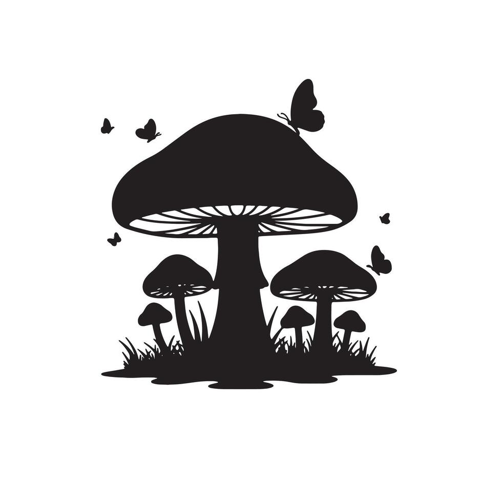 Enchanting Silhouette of Mushrooms and Butterflies in a Serene Forest Setting, Evoking a Magical Atmosphere vector
