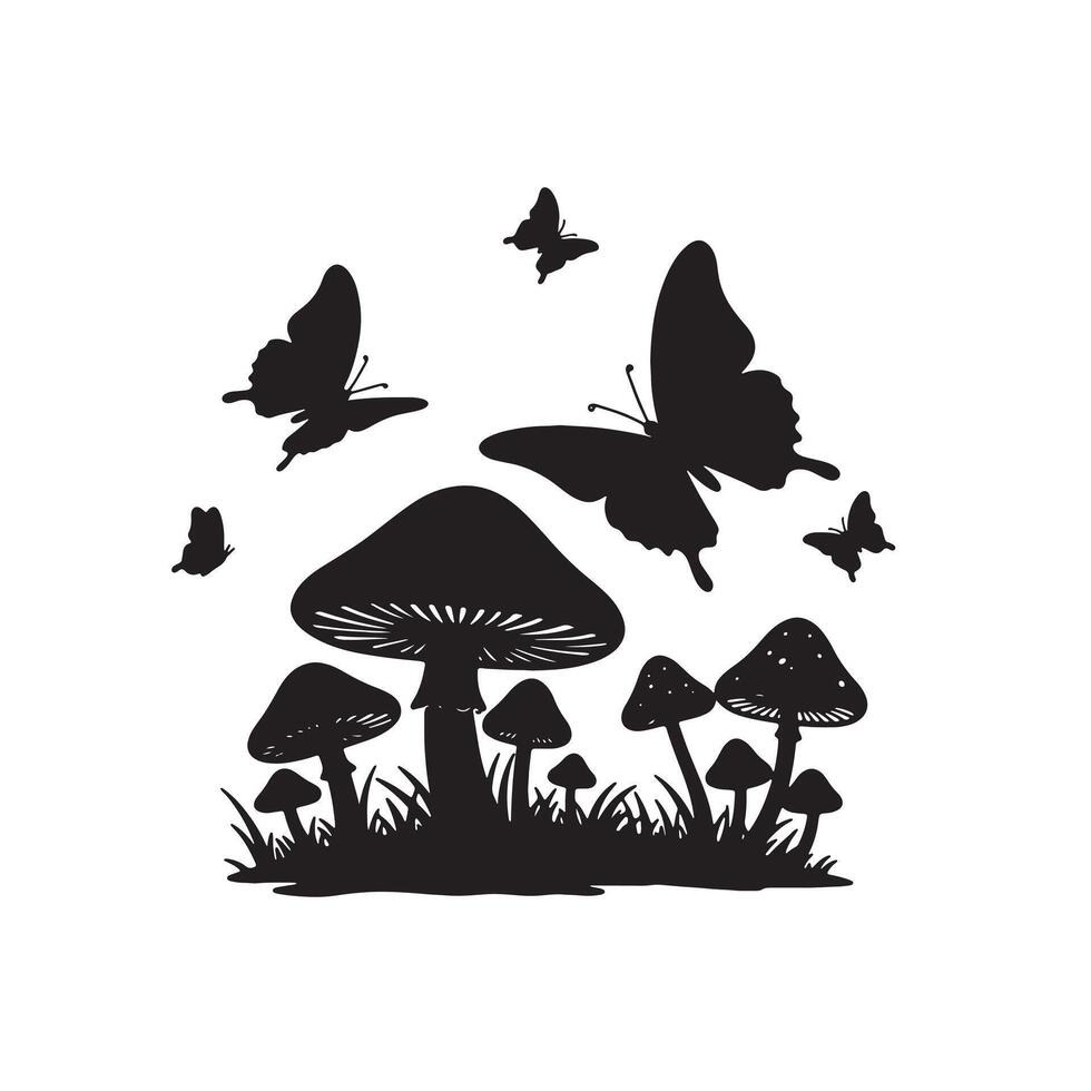 Enchanting Silhouette of Mushrooms and Butterflies in a Serene Forest Setting, Dark and Mysterious Mood vector