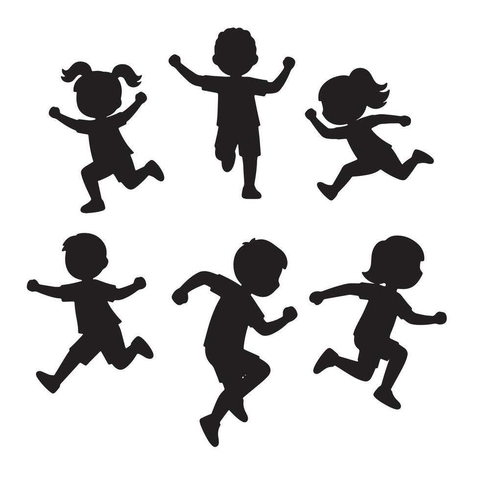 Joyful Children Silhouettes Running and Playing Outdoors A Collection of Happy Kids Action Poses - Professional digital artwork with vibrant colors and detailed composition vector