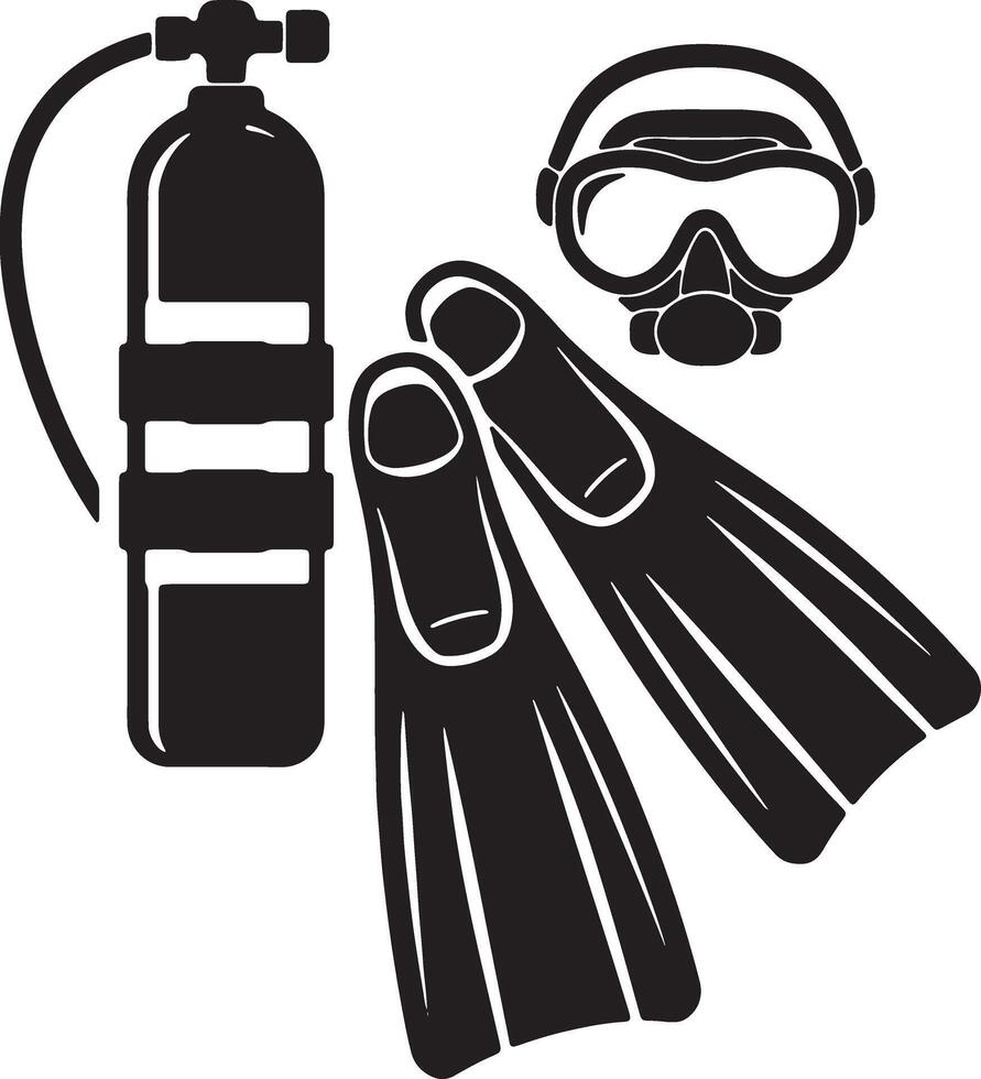 Dramatic Black and White Illustration of Scuba Diving Gear Oxygen Tank, Mask, and Fins for Underwater Adventures vector
