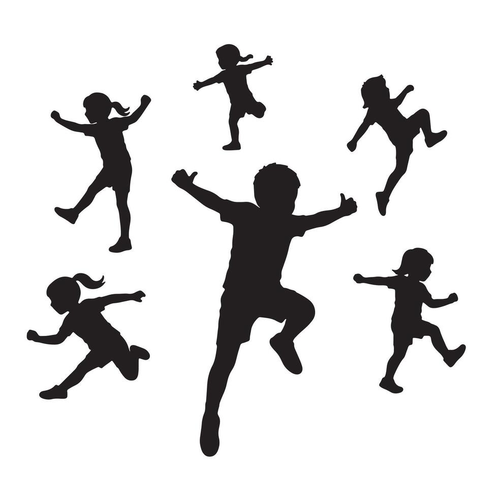Joyful Children Silhouettes Playing and Jumping Freely in a Happy White Background Setting - Professional digital artwork with vibrant colors and detailed composition vector