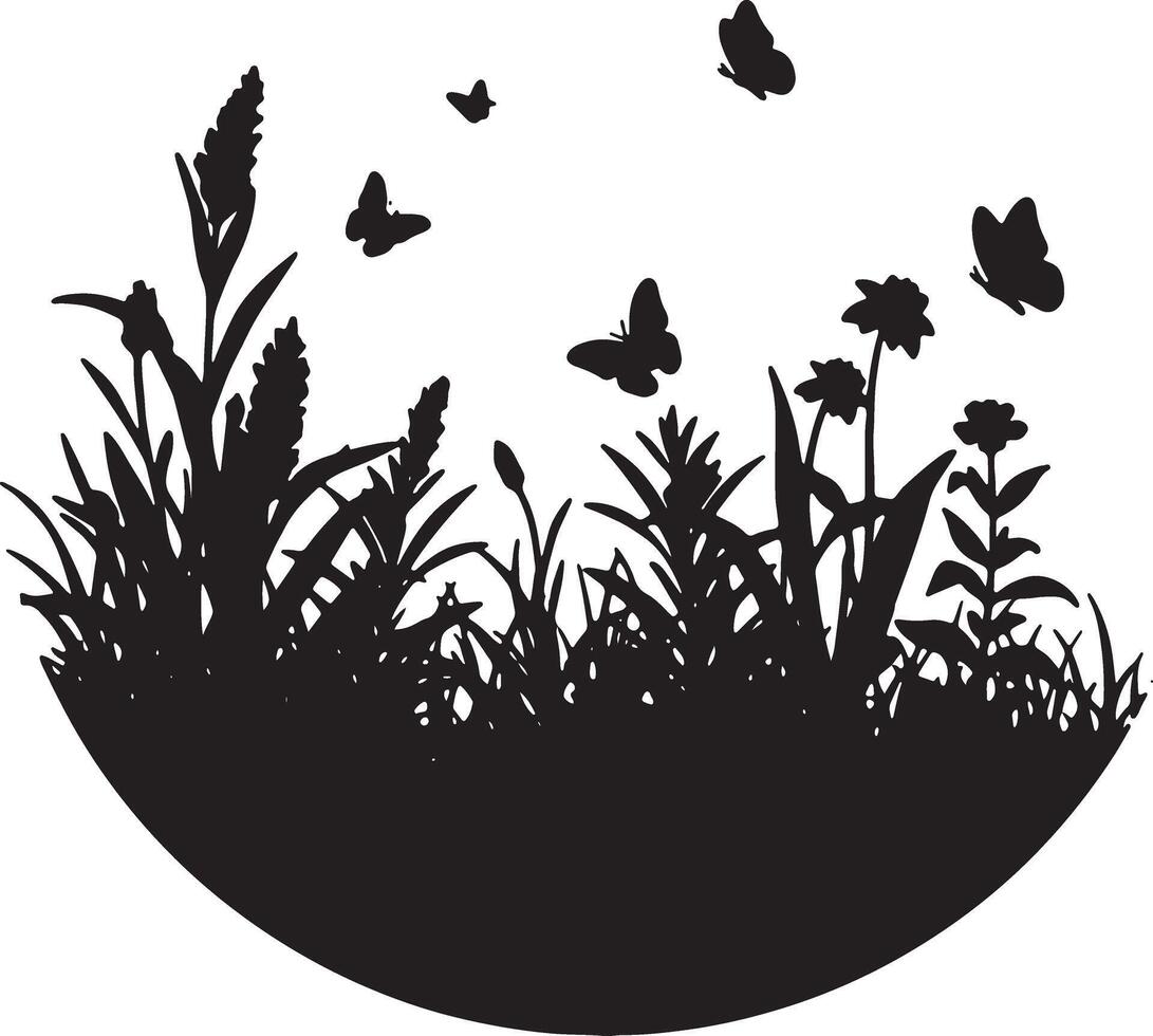 Serene Black Silhouette of Grass, Flowers, and Butterflies in a Peaceful Meadow Scene - Professional digital artwork with vibrant colors and detailed composition vector