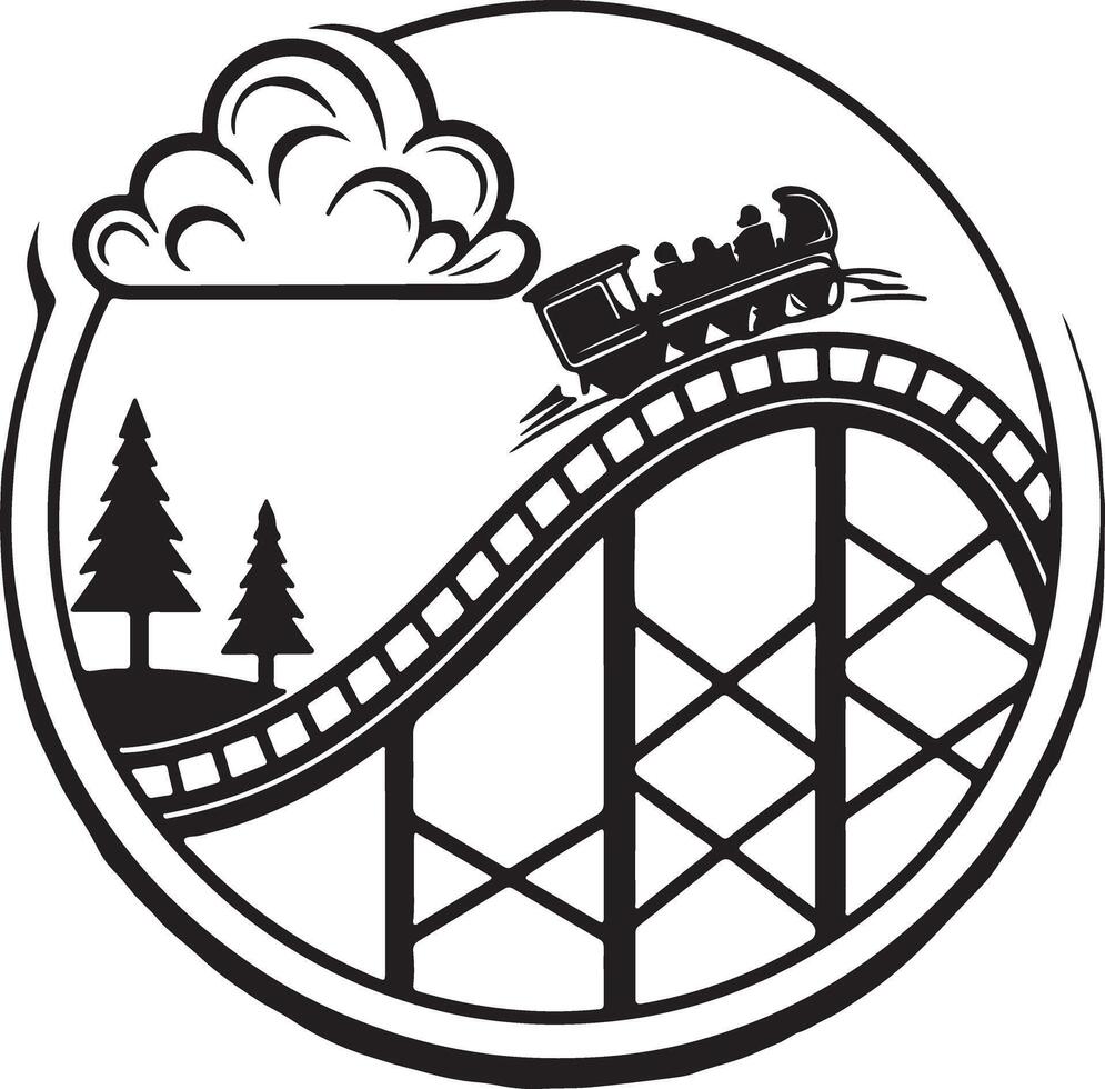 Thrilling Roller Coaster Ride Ascending a Hill in a Scenic Mountain Landscape, Black and White Illustration vector