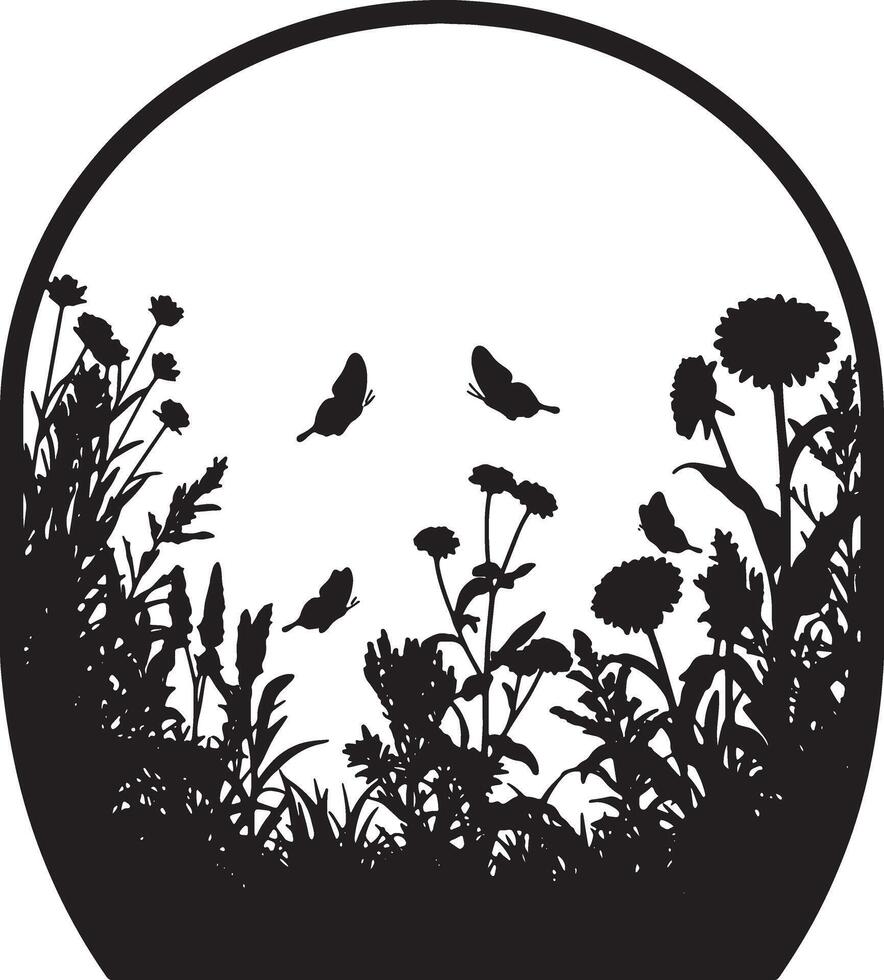 Serene Black Silhouette of Wildflowers and Butterflies in Oval Frame, Peaceful Nature Scene, Springtime Design vector