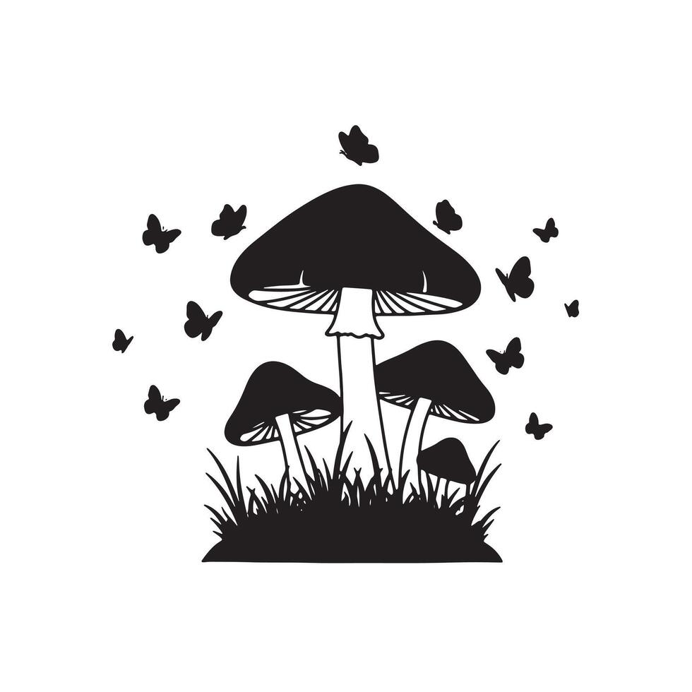 Enchanting Silhouette of Mushrooms and Butterflies in a Serene Forest Setting, Evoking a Magical and Whimsical Mood vector