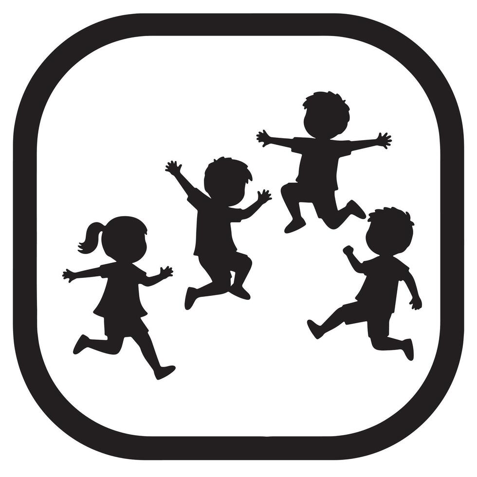 Joyful Children Playfully Jumping and Running in a Square Playground Frame, Black Silhouettes on White Background, Happy Active Kids vector